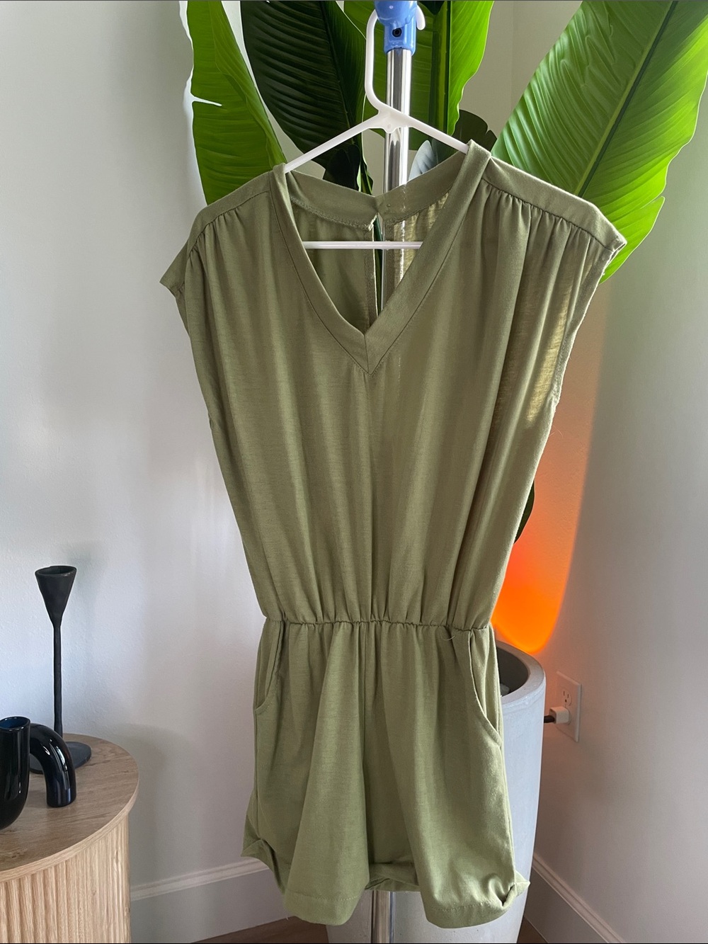 V-Neck Olive Green Romper with Elastic Waist and pockets